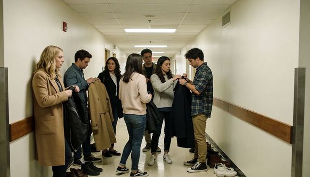 Group helping each other with coats in hallway, casual shoes lined along wall