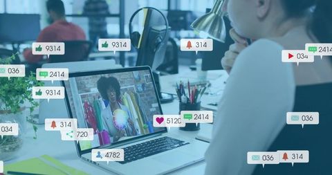 Woman watching live fashion color consultation on laptop with social media notifications