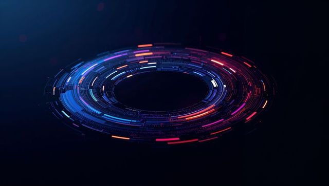 Holographic data ring rotating neon hud interface for futuristic tech presentations and ui