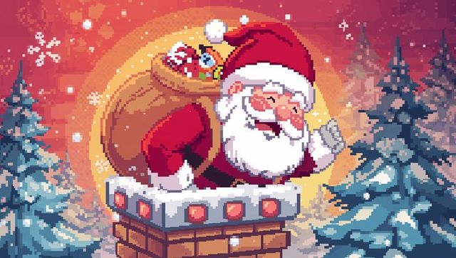 Pixel santa claus waving from snowy chimney with gift sack retro christmas night scene