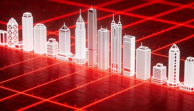 Futuristic wireframe city skyline projecting on glowing red holographic grid