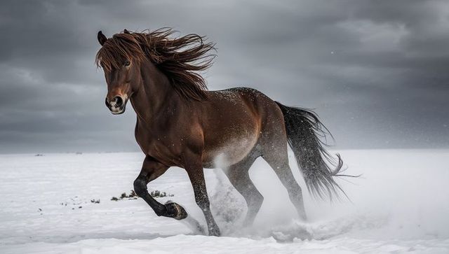 Wild dark bay horse galloping across snowy plain with windswept mane and dramatic sky