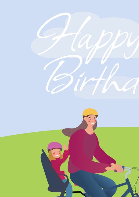 Illustration of a parent and child riding a bike on a hilly landscape, featuring a 'Happy Birthday' message. Ideal for greeting cards, birthday invitations, family-oriented advertisements, and promotional materials celebrating special occasions and family time.