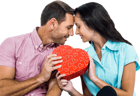 Caucasian Couple with Heart Gift on Transparent Background