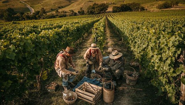 Harvesting vineyard crew sorting grapes into baskets and crates during golden hour