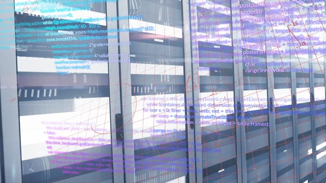 Dynamic representation of flowing digital data and programming codes blending over modern server racks. Ideal for illustrating technology themes, IT infrastructure, data management, global connectivity, networking concepts, or cybersecurity topics. Suitable for technology blogs, IT solution websites, or educational materials on data processing.