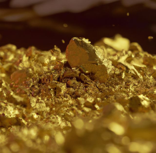 Close-up view of shiny gold nuggets piled together, displaying intricate textures and rich yellow color typical of raw gold. This type of imagery is ideal for websites, articles, and advertisements centered on topics such as mining, precious metals, investment, wealth, and luxury. It encapsulates the allure and value associated with gold.