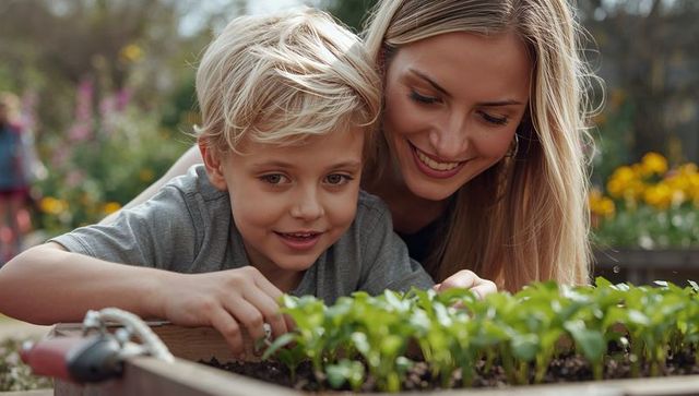 Mother and Son Gardening Together in Outdoor Garden