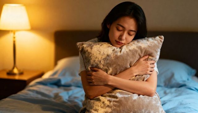 Young asian woman hugging plush velvet pillow in cozy bedroom with warm bedside lamp
