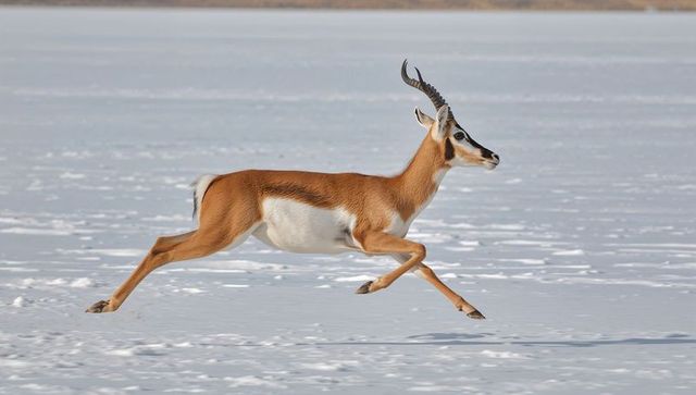 Leaping pronghorn antelope bounding across snowy plain showing curved horns and shadow
