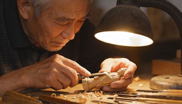 Elderly asian woodcarver hand-carving intricate wooden buddha figurine under desk lamp