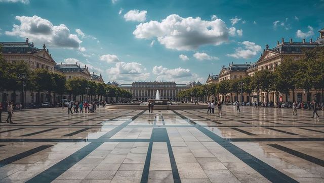Sunlit neoclassical plaza leading eye across reflective tiled square to central fountain