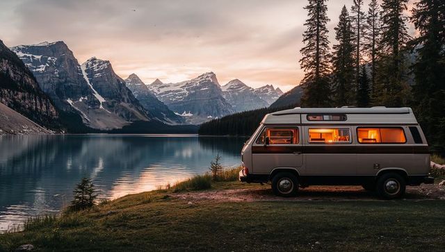 Vintage camper van camping at alpine lake sunset with warm interior light and mountain reflections