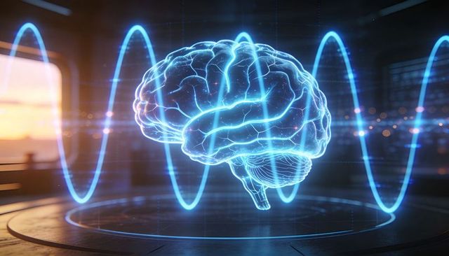 Holographic Brain Floating Above Circular Platform, Glowing Neural Network Waveform Rings
