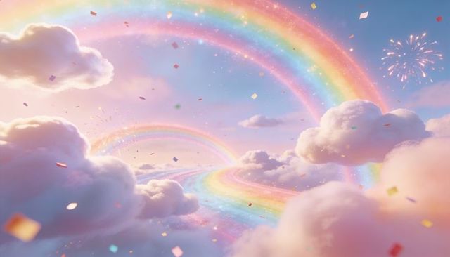 Luminous pastel rainbow path arcing through dream clouds with sparkling confetti