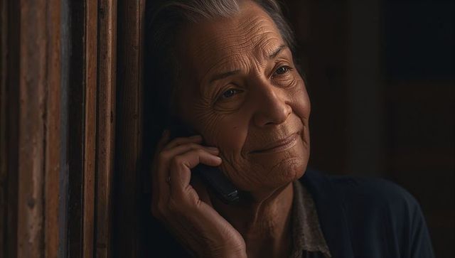 Senior woman leaning on worn doorframe holding smartphone, contemplating intimate portrait