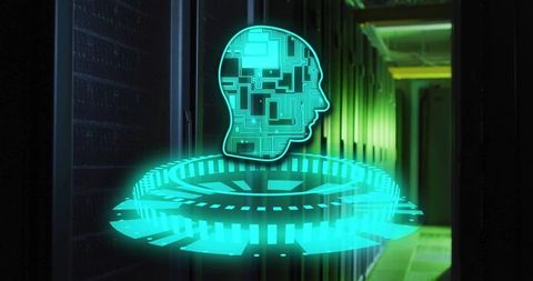 Holographic ai head floating above glowing cyan ring in server rack aisle for data tech