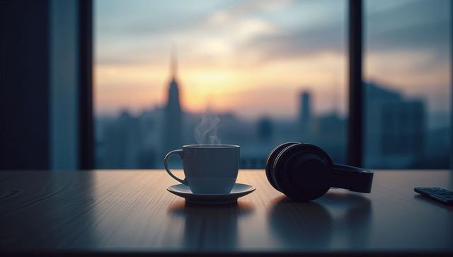 Steaming Coffee and Headphones with Scenic Skyline View