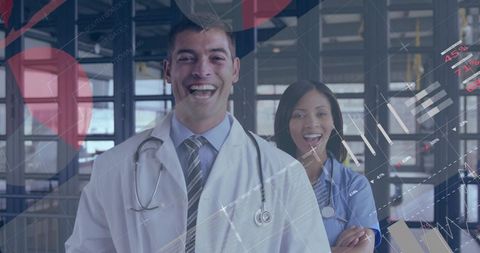 Smiling medical team collaborating with data analytics overlays driving healthcare innovation