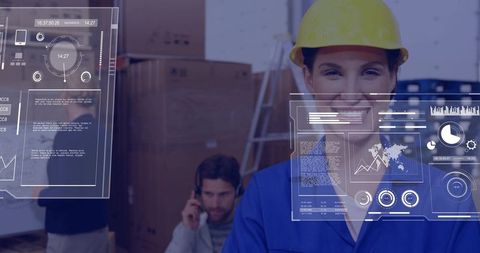 Smiling Warehouse Worker in Hard Hat Managing Inventory with Augmented Reality Interface