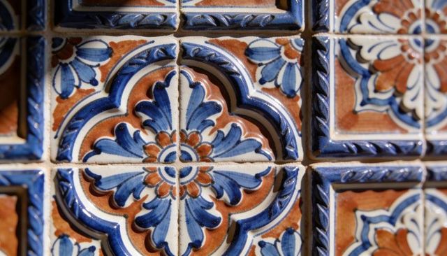Handcrafted glazed ceramic tile with blue terracotta floral relief and embossed symmetry
