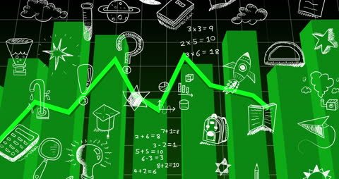 Animated Mathematical Concepts Overlaying Green Bar Graphs