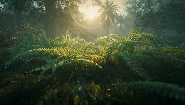 Lush Forest Floor with Ferns and Morning Sunlight