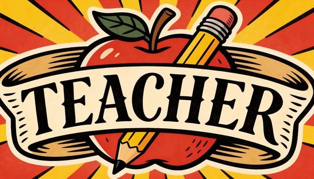 Retro teacher banner featuring apple and pencil with sunburst background