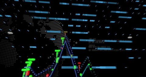 Neon blue graph on dynamic world map display