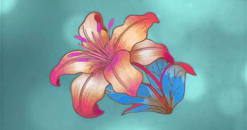 Vibrant lily illustration with magenta stamens and blue leaves on teal gradient