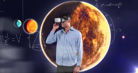 Man exploring virtual universe with vr headset and math overlays