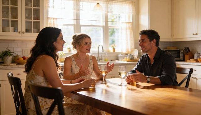 Sunlit kitchen conversation: friends sharing wine at wooden dining table, casual gathering