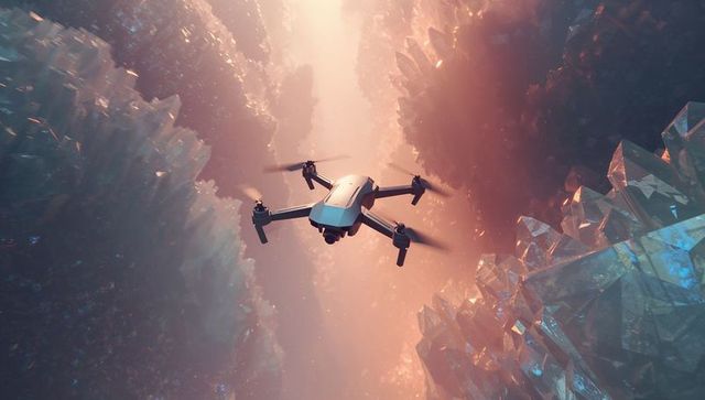 Compact quadcopter flying through crystal canyon backlit by prism facets with rotor blur