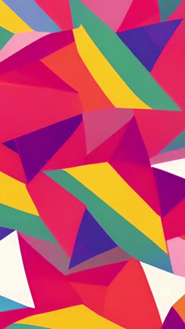 Vertical motion graphic with rainbow stars rotating, zooming and pulsing on vibrant geometry