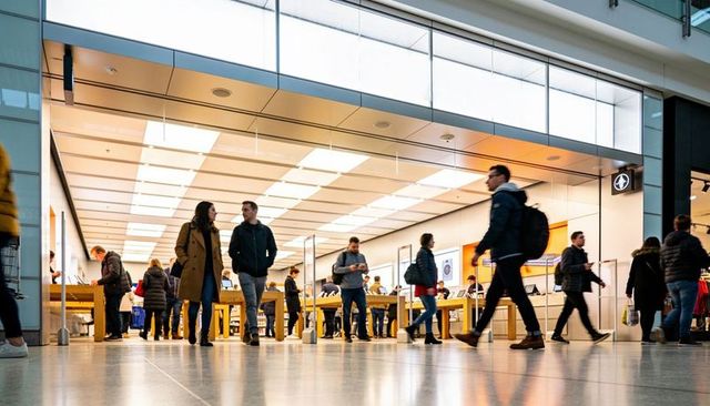 Shoppers browsing electronics showroom with wooden display tables in bright mall