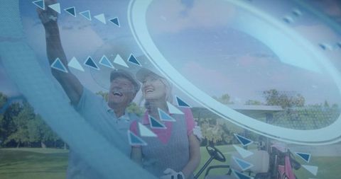 Senior Couple Enjoying Golf and Technology on Scenic Fairway