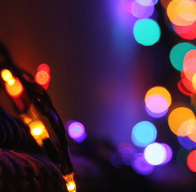 Colorful bokeh effect of festive lights in an evening setting. Bright vibrant hues create an abstract and joyful atmosphere, perfect for holiday-themed designs, celebration invitations, party decorations, or any creative project requiring a festive and dynamic background.