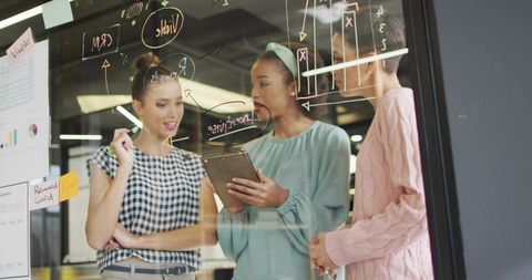 Businesswomen Collaborating on Strategy at Glass Board in Modern Office
