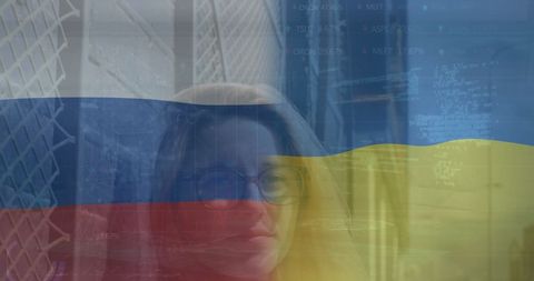 Flags of Russia and Ukraine Overlaid on Woman in Urban Environment