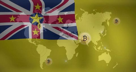Bitcoin Concept with Niue Flag and World Map Overlay