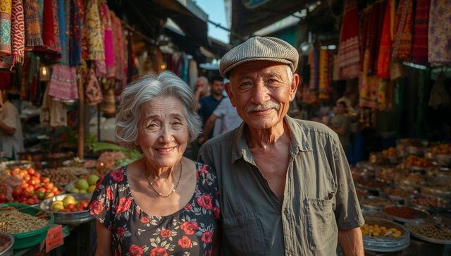 Smiling senior asian couple standing in vibrant outdoor bazaar with colorful textiles