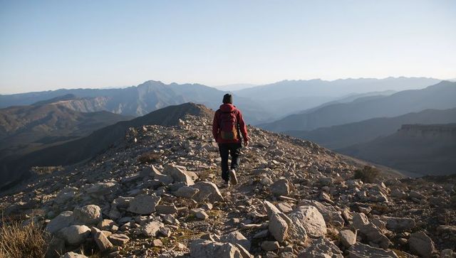 Solitary hiker walking rocky ridge toward layered mountain peaks at dawn panoramic view