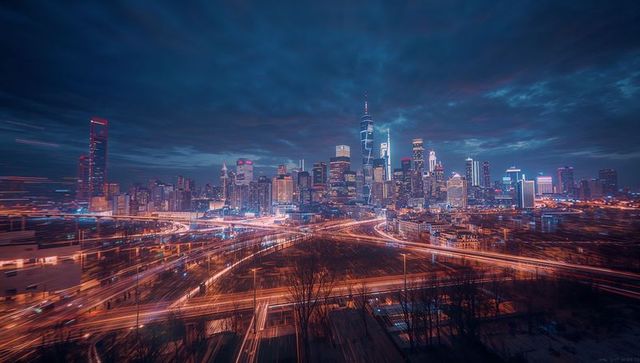 Futuristic city skyline with light trails under night sky