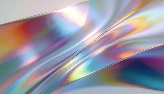 Flowing iridescent film reflecting prism light, pearlescent metallic abstract background