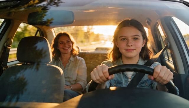 Teen driving at sunset with mother smiling in backseat, learning to drive