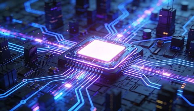 Glowing Microprocessor Pulsing Neon-Blue Data Traces on Futuristic Circuit Board