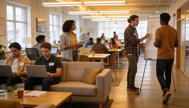 Startup team presenting and collaborating in modern coworking space with flipchart