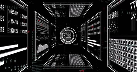 Futuristic HUD Corridor with Central Circular Interface Floating Among Data Panels, Binary