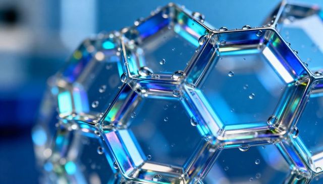 Iridescent glass honeycomb prism macro showing hexagonal crystal cells with water droplets