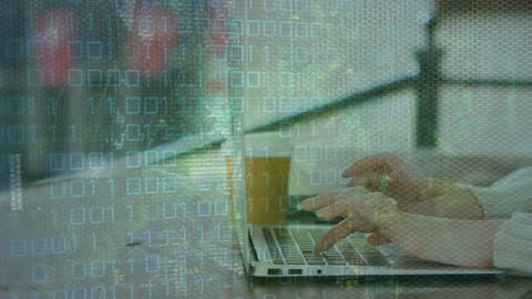 Digital Coding Overlay with Woman Using Laptop in Cafe